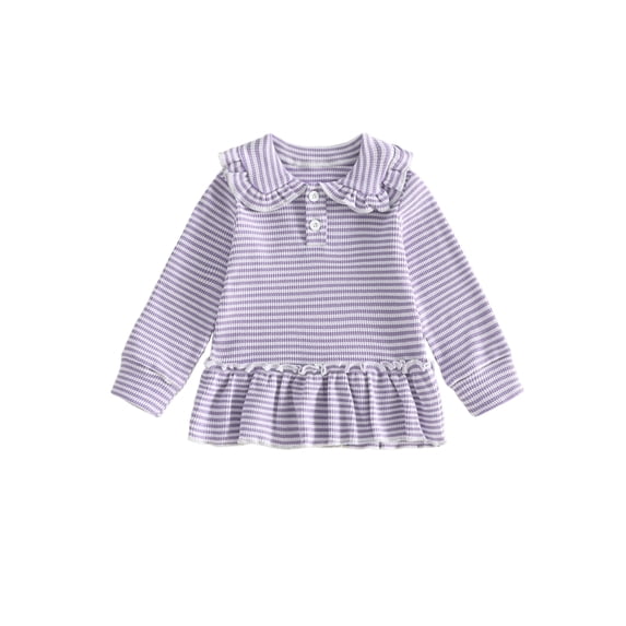 RUINIXCW Toddler Baby Girl Long Sleeve Shirt Waffled Striped Tops Little Girl Spring Fall Winter Clothes Peter Pan Doll Collar Ruffle Hem Button Shirt