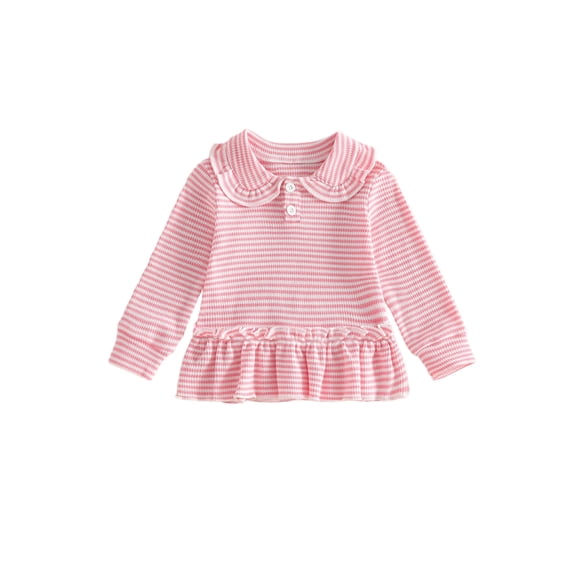 RUINIXCW Toddler Baby Girl Long Sleeve Shirt Waffled Striped Tops Little Girl Spring Fall Winter Clothes Peter Pan Doll Collar Ruffle Hem Button Shirt