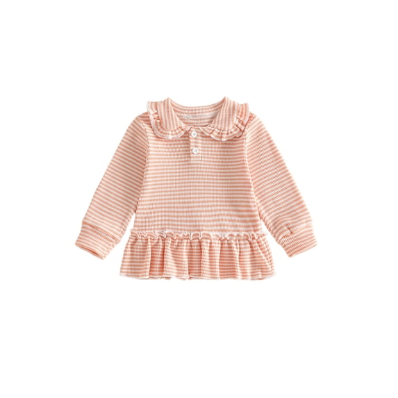 RUINIXCW Toddler Baby Girl Long Sleeve Shirt Waffled Striped Tops Little Girl Spring Fall Winter Clothes Peter Pan Doll Collar Ruffle Hem Button Shirt