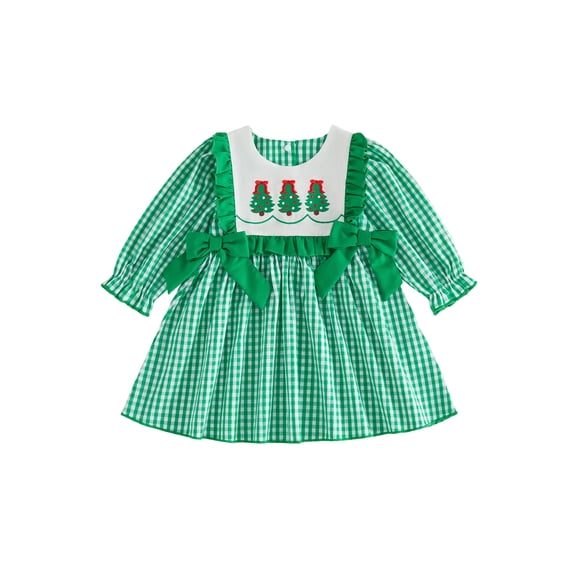 RUINIXCW Toddler Baby Girls Christmas Dress Adorable Tree Embroidery Long Sleeve Round Neck Plaid Dress