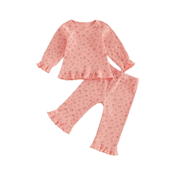 RUINIXCW Toddler Baby Girls Fall Outfit Fashion Floral Print Long Sleeve Ribbed Tops with Pants 2Pcs Set