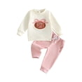 thumbnail image 1 of RUINIXCW Toddler Baby Girls Fall Outfit Fashionable Football Bow Embroidery Long Sleeve Pullover with Pants 2Pcs Set, 1 of 9