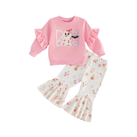 RUINIXCW Toddler Baby Girls Halloween Outfit Infant Baby Girls Fall Winter Clothes Cute Ghost Pumpkin Print Ruffled Long Sleeve Sweatshirt Top with Flare Pants Bell Bottom Set