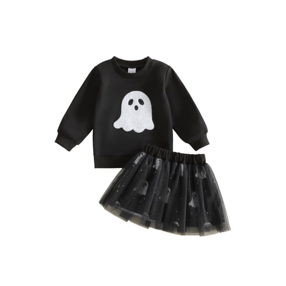 RUINIXCW Toddler Baby Girls Halloween Outfit Little Baby Girls Fall Clothes Cute Pumpkin Ghost Embroidery Long Sleeve Sweatshirt Top with Tulle Tutu Skirt Set