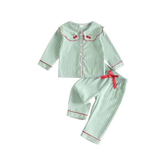 RUINIXCW Toddler Baby Girls Striped Pajamas Set Kids Little Girls Spring Fall Winter PJS Sleepwear Cherry Peter Pan Collar Long Sleeve Tops Pants Set