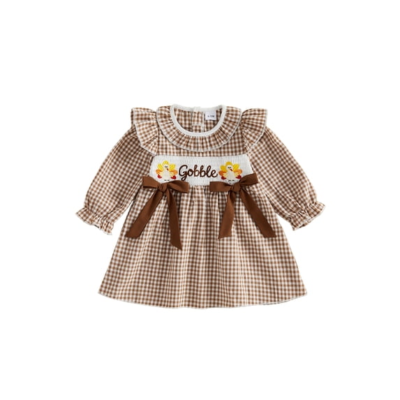 RUINIXCW Toddler Baby Girls Thanksgiving Dress Outfit Infant Baby Fall Gingham Plaid Dress Cute Turcky Embroidery Ruffled Long Sleeve Dress with Bow