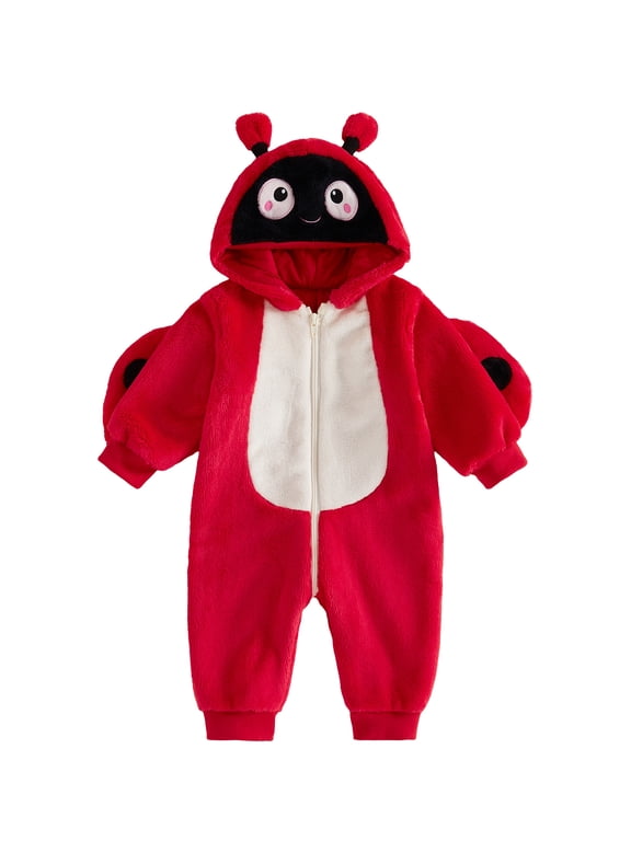 Toddler Baby Halloween Animal Costume Infant Dinosaur Ladybugs Costume Baby Girl Boy Halloween Outfit Fall Winter Romper Warm Plush Long Sleeve Zipper Hood Jumpsuit with Tail