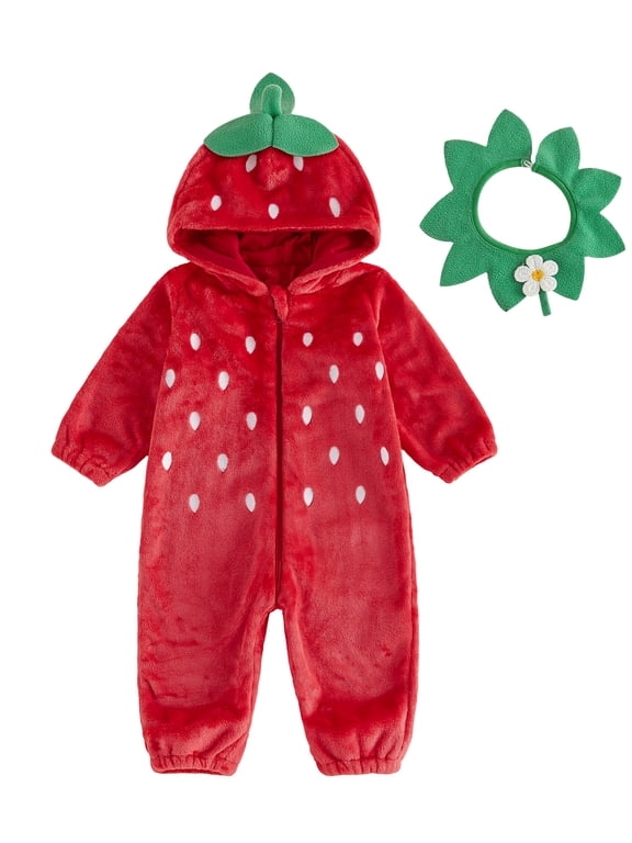 Toddler Baby Halloween Strawberry Costume Kids Infant Baby Girl Boy Fall Winter Clothes Flannel Snowsuit Jumpsuit Long Sleeve Hooded Romper