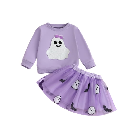 RUINIXCW Toddler Baby Halloween Outfit Infant Girls Spring Fall Clothes Funny Ghost Embroidery Long Sleeve Sweatshirt Top with Tulle Tutu Skirt Set