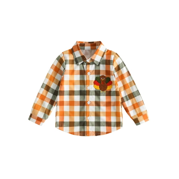 RUINIXCW Toddler Boy Girl Thanksgiving Outfit Kids Fall Winter Plaid Shirts Clothes Cute Turcky Embroidery Collar Button Down Long Sleeve Shirt Tops