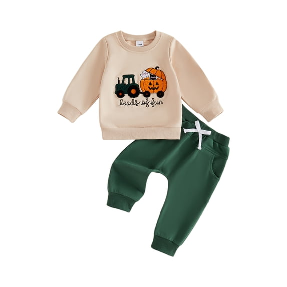 RUINIXCW Toddler Boy Halloween Outfits Tractors Pumpkin Letter Ghost Embroidery Crew Neck Sweatshirt and Jogger Pants 2 Piece Set