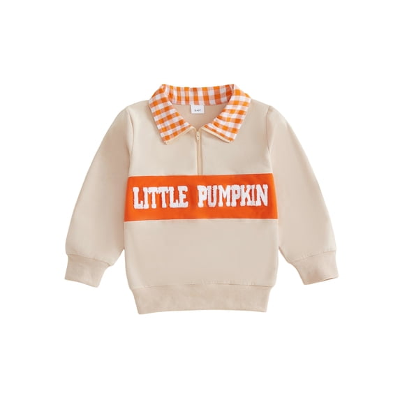 RUINIXCW Toddler Boy Halloween Sweatshirt Pumpkin/Letter Embroidery Zipper Plaid Turn Down Collar Long Sleeve Pullover Tops