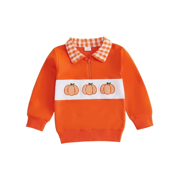 RUINIXCW Toddler Boy Halloween Sweatshirt Pumpkin/Letter Embroidery Zipper Plaid Turn Down Collar Long Sleeve Pullover Tops