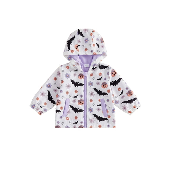 RUINIXCW Toddler Girl Halloween Jacket Pumpkin Ghost/Flower Bat Print Hooded Long Sleeve Coat Zipper Outerwear