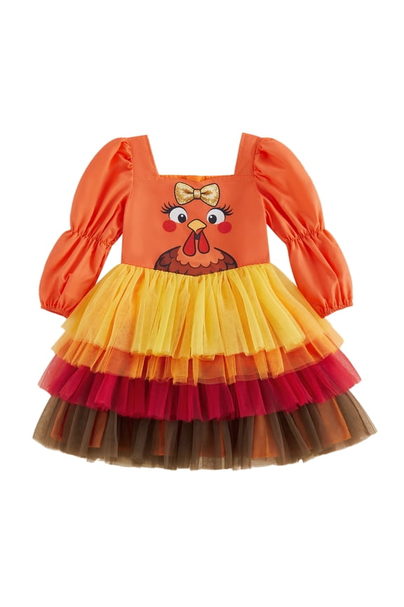 Toddler Girl Thanksgiving Day Dress Long Puff Sleeve Turkey Print Tulle Dress Fall Holiday Cosplsy Costume Outfit