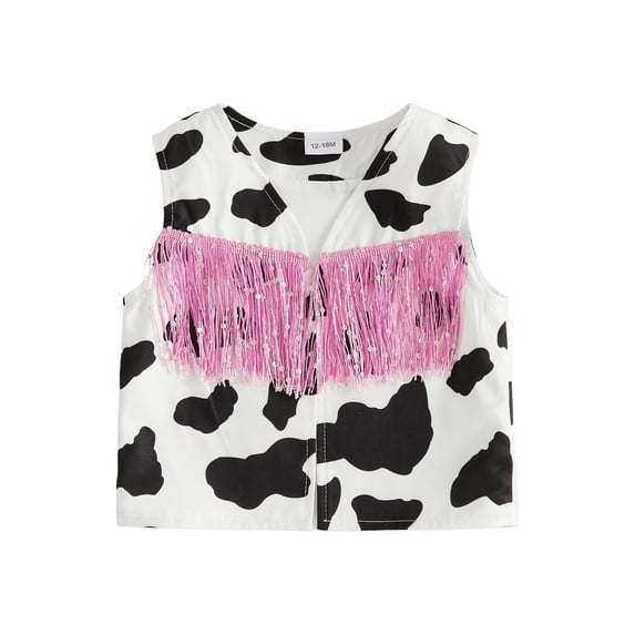 Svuitmsl Toddler Girl Vest Cow Pattern Tassel Sleeveless Boho Western Cowgirl Jacket