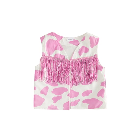 Svuitmsl Toddler Girl Vest Cow Pattern Tassel Sleeveless Boho Western Cowgirl Jacket