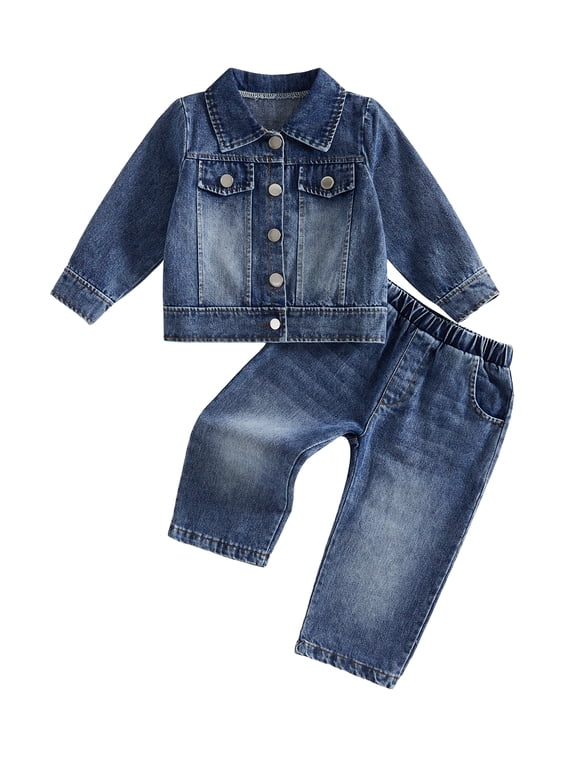 RUINIXCW Toddler Girls Denim Outfit Lapel Neck Long Sleeve Washed Jean Jacket Pants