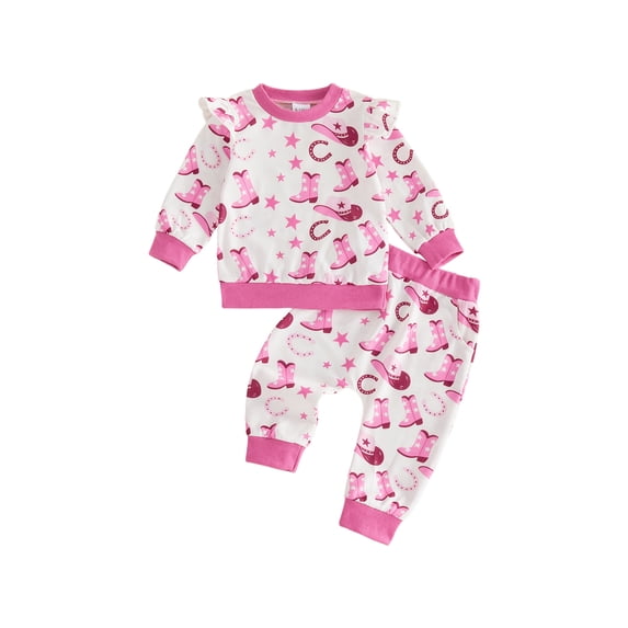 RUINIXCW Toddler Girls Fall Outfits Chicken/Boot Print Ruffles Long Sleeve Sweatshirt and Elastic Pants Set 2 Piece Clothes