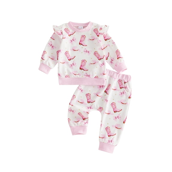 RUINIXCW Toddler Girls Fall Outfits Chicken/Boot Print Ruffles Long Sleeve Sweatshirt and Elastic Pants Set 2 Piece Clothes