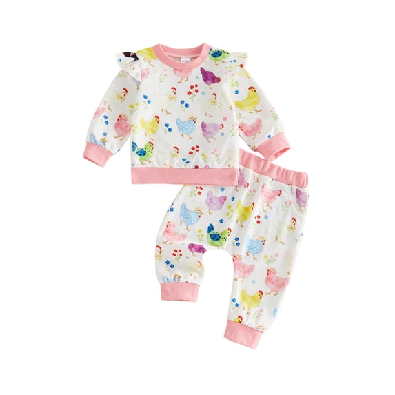 RUINIXCW Toddler Girls Fall Outfits Chicken/Boot Print Ruffles Long Sleeve Sweatshirt and Elastic Pants Set 2 Piece Clothes