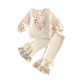 thumbnail image 1 of RUINIXCW Toddler Girls Fall Outfits Floral Chicken Embroidery Ruffle Sweatshirt and Elastic Bow Flare Pants Set 2 Piece Clothes, 1 of 9