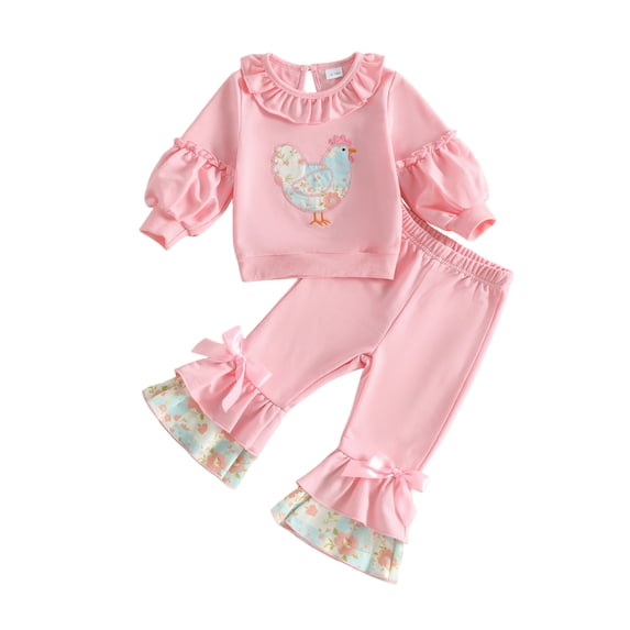 RUINIXCW Toddler Girls Fall Outfits Floral Chicken Embroidery Ruffle Sweatshirt and Elastic Bow Flare Pants Set 2 Piece Clothes