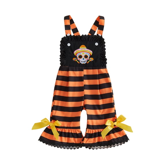 RUINIXCW Toddler Girls Halloween Overalls Adorable Ghost/Skull Embroidery Sleeveless Bell Bottoms Jumpsuit