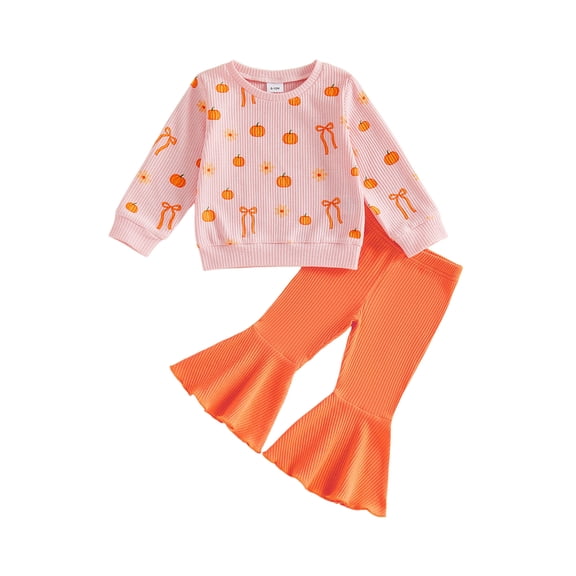 RUINIXCW Toddler Girls Halloween Pumpkin Print Sweatshirt Orange Flare Pants Set for Trick or Treat Fall Partiy