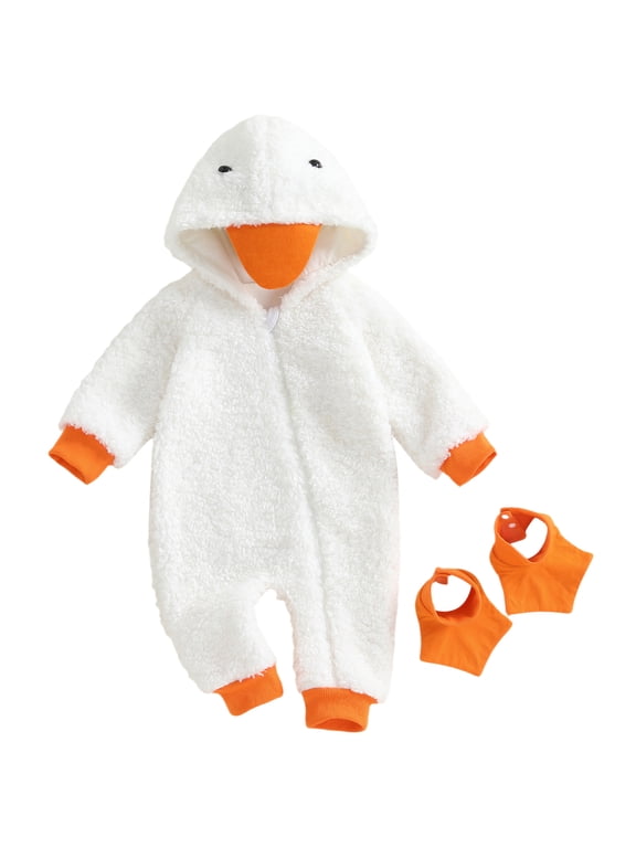 Toddler Newborn Baby Christmas Goose Costume Kids Halloween Animal Costume Warm Fall Winter Plush Jumpsuit Outfit Long Sleeve Hood Zip Up Full Length Romper with Foot Covers