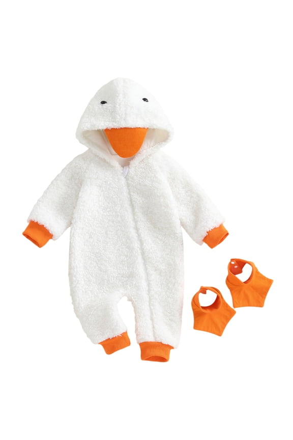 Toddler Newborn Baby Christmas Goose Costume Kids Halloween Animal Costume Warm Fall Winter Plush Jumpsuit Outfit Long Sleeve Hood Zip Up Full Length Romper with Foot Covers