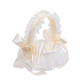 RUINIXCW Weddding Basket Small Flower Girl Baskets with Lace Pearl Silk Handle Picnic Basket Canastas Para Flores Candy Gift Basket for Wedding Birthday Party Favor 6.69x6.3x6.3in