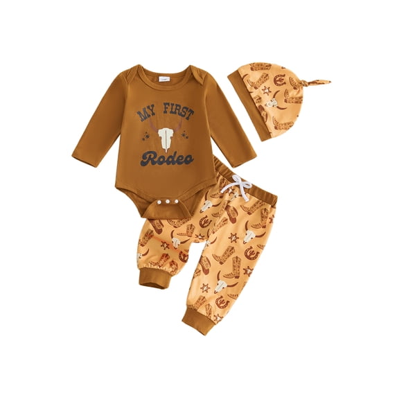 RUINIXCW Western Baby Boy Cowboy Outfit My First Rodeo Newborn Baby Boy Hospital Coming Home Clothes Infant Highland Cow Print Long Sleeve Romper and Pants Hat Set