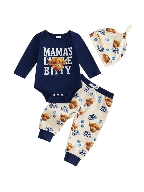Western Baby Boy Cowboy Outfit My First Rodeo Newborn Baby Boy Hospital Coming Home Clothes Infant Highland Cow Print Long Sleeve Romper and Pants Hat Set