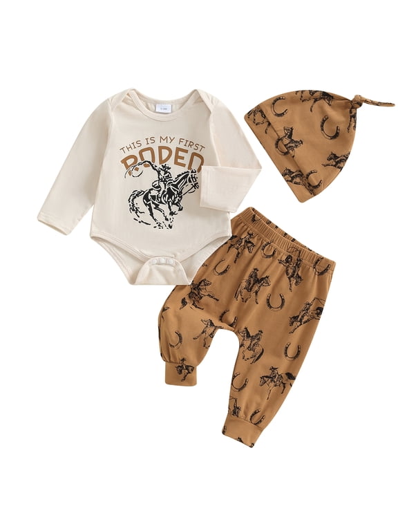 Western Baby Boy Cowboy Outfit My First Rodeo Newborn Baby Boy Hospital Coming Home Clothes Infant Riding Print Long Sleeve Romper and Pants Hat Set