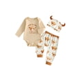 thumbnail image 1 of RUINIXCW Western Baby Boy Cowboy Outfit Newborn Baby Boy Hospital Going Home Outfit Spring Fall Clothes Highland Cow Print Rompers and Pants Horn Hat Set, 1 of 9