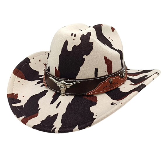 RUINIXCW Western Cow Print Cowgirl Hat for Women Cowboy Hat for Men Adult Unisex Metal Bull Buckle Wide Brim Felt Fedora Hats Classic Cowboy Hats Rodeo Outfit Accessories