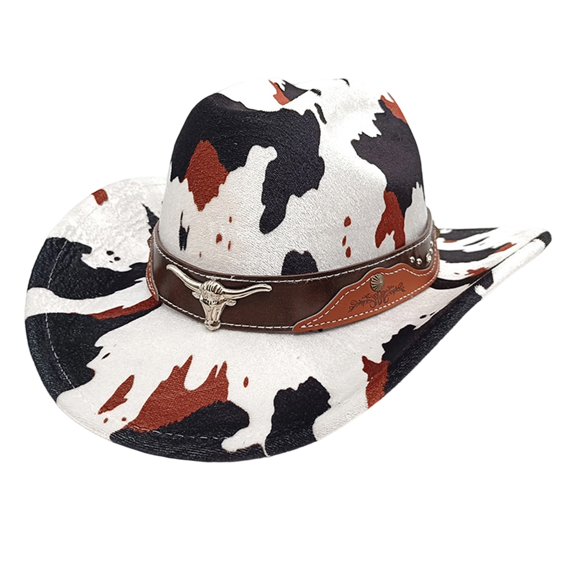 RUINIXCW Western Cow Print Cowgirl Hat for Women Cowboy Hat for Men Adult Unisex Metal Bull Buckle Wide Brim Felt Fedora Hats Classic Cowboy Hats Rodeo Outfit Accessories