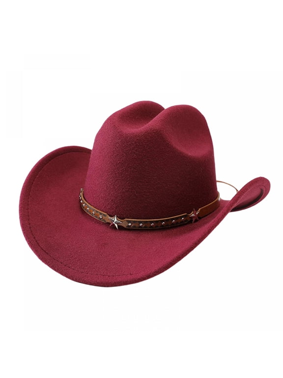 Western Cowboy Cowgirl Hat for Women Men Wide Brim Pentagram Leather Belt Fedora Hat Wool Felt Vintage Jazz Hats