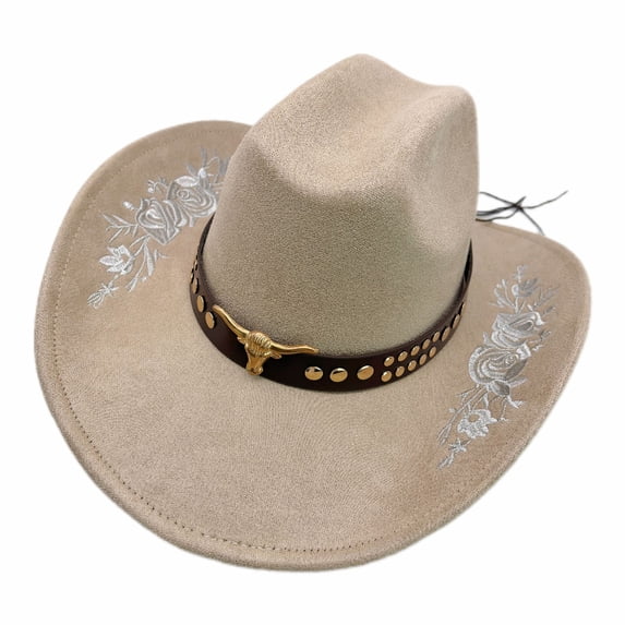 RUINIXCW Western Cowboy Hat for Men Women Cowgirl Hat Felt Wide Brim Fedora Hat with Bull Head Belt Floral Embroidery Roll Up Jazz Hat Themed Party Cap Wedding Festival Costume
