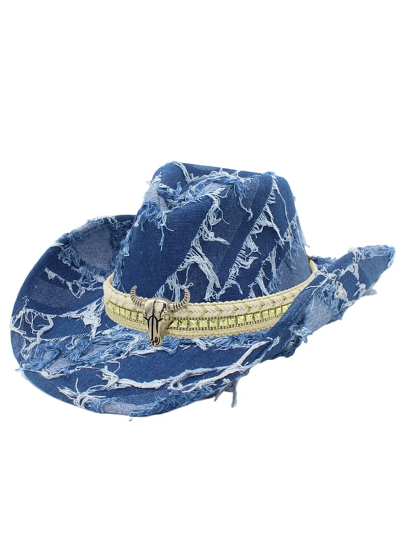 Western Denim Cowboy Hat Blue Denim Cowgirl Hat For Man Women Distressed Jean Hat With Bull Head Buckle Belt Wide Brim Outback Hat