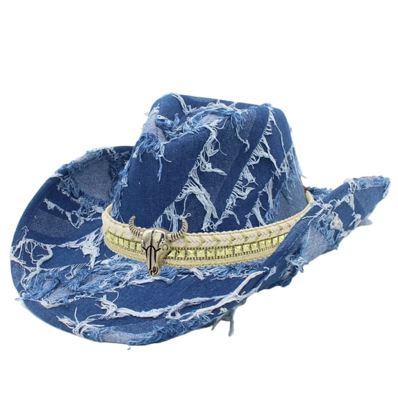RUINIXCW Western Denim Cowboy Hat Blue Denim Cowgirl Hat For Man Women Distressed Jean Hat With Bull Head Buckle Belt Wide Brim Outback Hat
