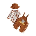 thumbnail image 1 of RUINIXCW Western Newborn Baby Boy Cowboy Outfit Infant Boys Spring Fall Winter Clothes Cow Head Print Long Sleeve Romper Tassel Overall Pants Hat Set, 1 of 10