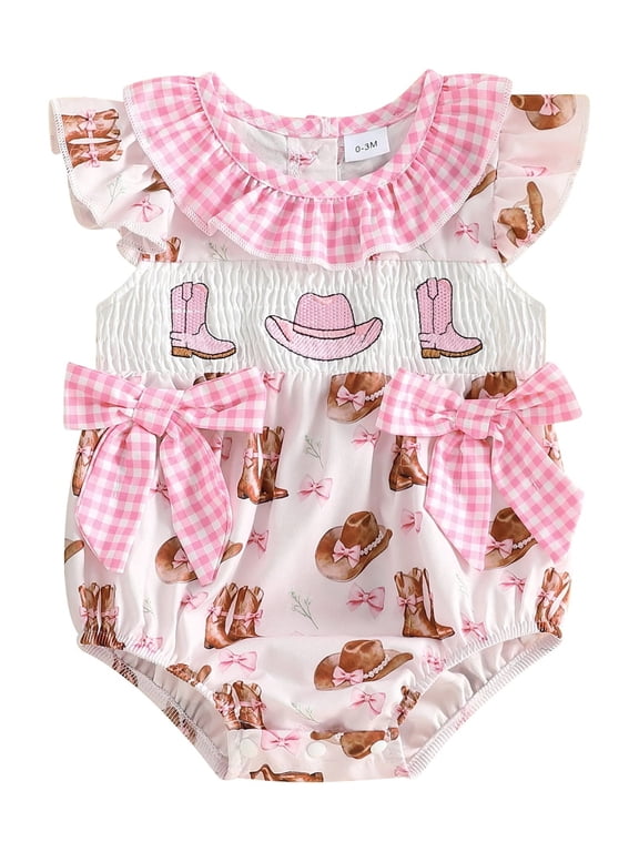 Western Newborn Baby Girl Cowgirl Outfit Smocked Bubble Romper Infant Baby Girls Summer Clothes Highland Cow Printed Flying Sleeve Bodysuit with Bows