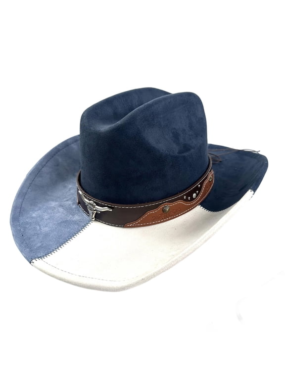 Western Suede Cowboy Hat Cowgirl Hat for Women Men Wide Brim Classic Outdoor Party Fedora Hats with Bull Head Belt Buckle