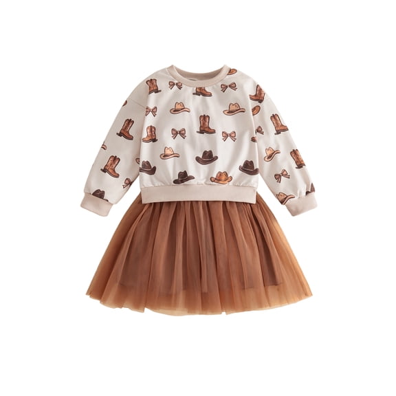 RUINIXCW Western Toddler Baby Girl Cowgirl Dress Outfit Little Girls Fall Winter Patchwork Tulle Dress Boots Cowboy Hat Printe Long Sleeve Tutu Dress