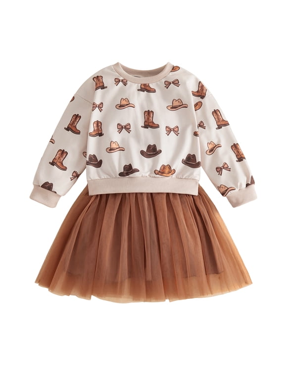 Western Toddler Baby Girl Cowgirl Dress Outfit Little Girls Fall Winter Patchwork Tulle Dress Boots Cowboy Hat Printe Long Sleeve Tutu Dress