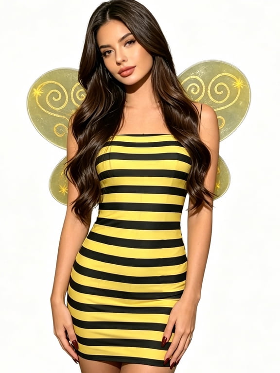 Women Halloween Bee Costume Girls Stripe Print Strapless Tube Dress with Wing Halloween Animal Fancy Dress Cosplay Party Bumble Bee Costume