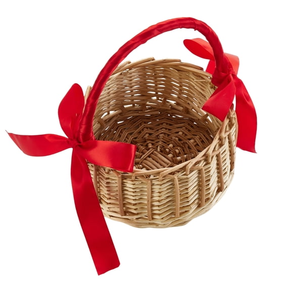 RUINIXCW Woven Weddding Basket Small Flower Girl Baskets With Silk Bows Handle Wicker Picnic Basket Canastas Para Flores Candy Gift Basket For Wedding Birthday Party Favor 5.91x3.54x9.45in