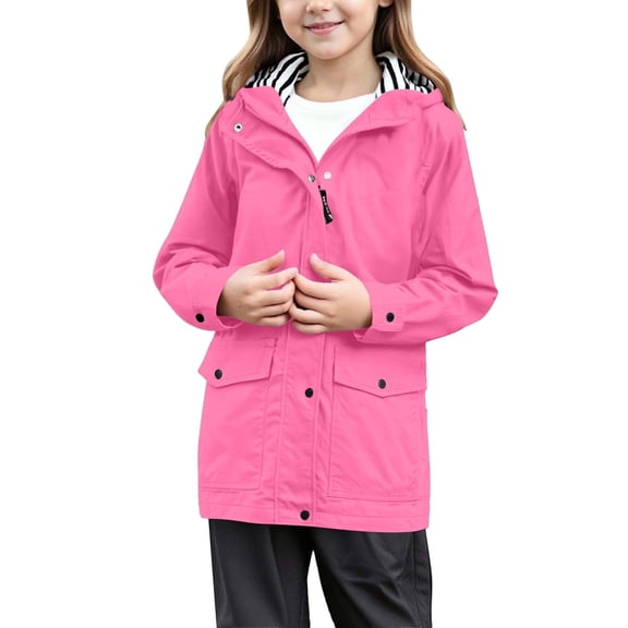 RUIPIN Boys Girls Raincoat Lightweight Breathable Waterproof Hooded Rain Jacket with Striped Hat Windbreaker Easy to Fold,Color:Hot Pink,Size:13-14 Years